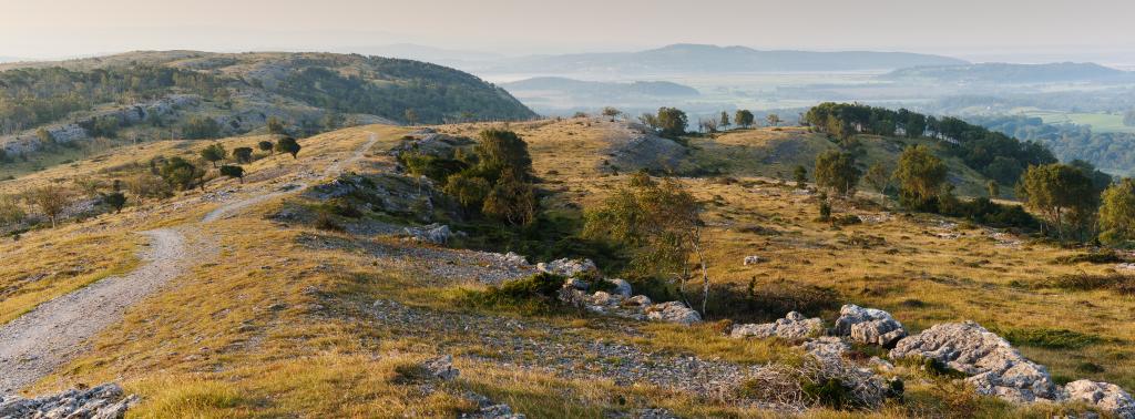 The beautiful limestone outcrop of Whitbarrow Scar and the Kent Estuary in the distance from Lord's Seat